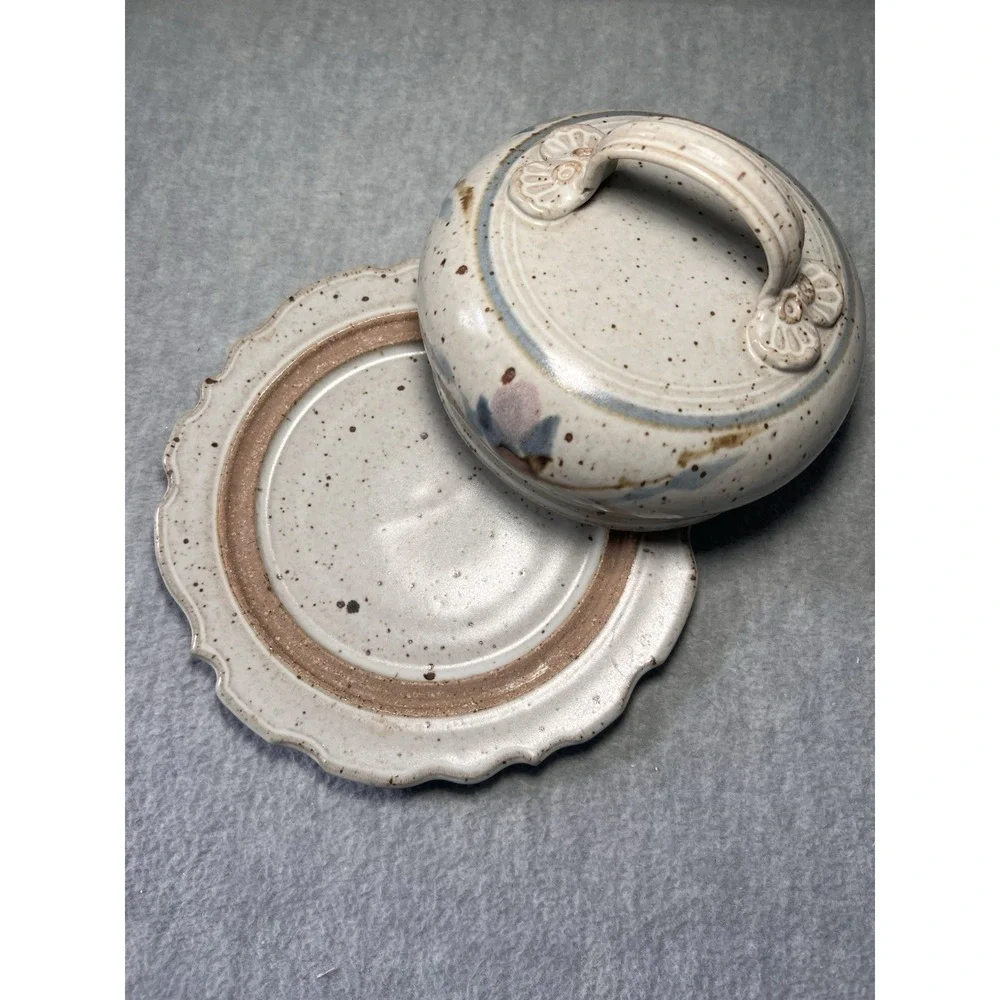 VTG Studio Art Pottery Cheese Dome Butter Dish Signed Rustic Farmhouse Plate Lid